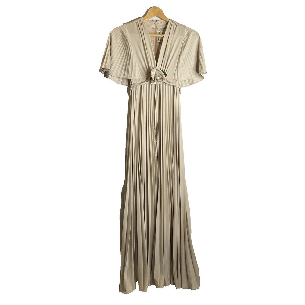 Vtg Pat Richards Empire Waist Flutter‎ Sleeve Accordion Pleats Lined Long Dress
